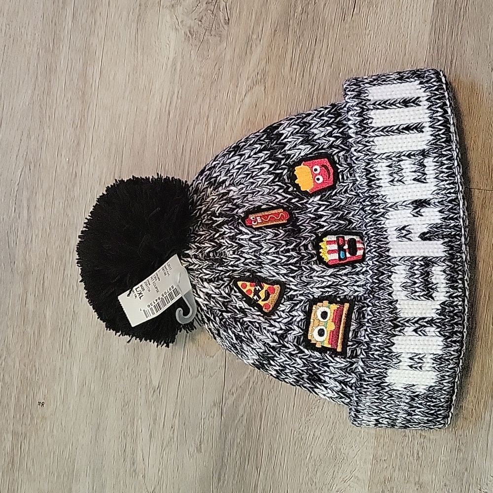 Childrens place #crew black & white hat with food patches L/XL